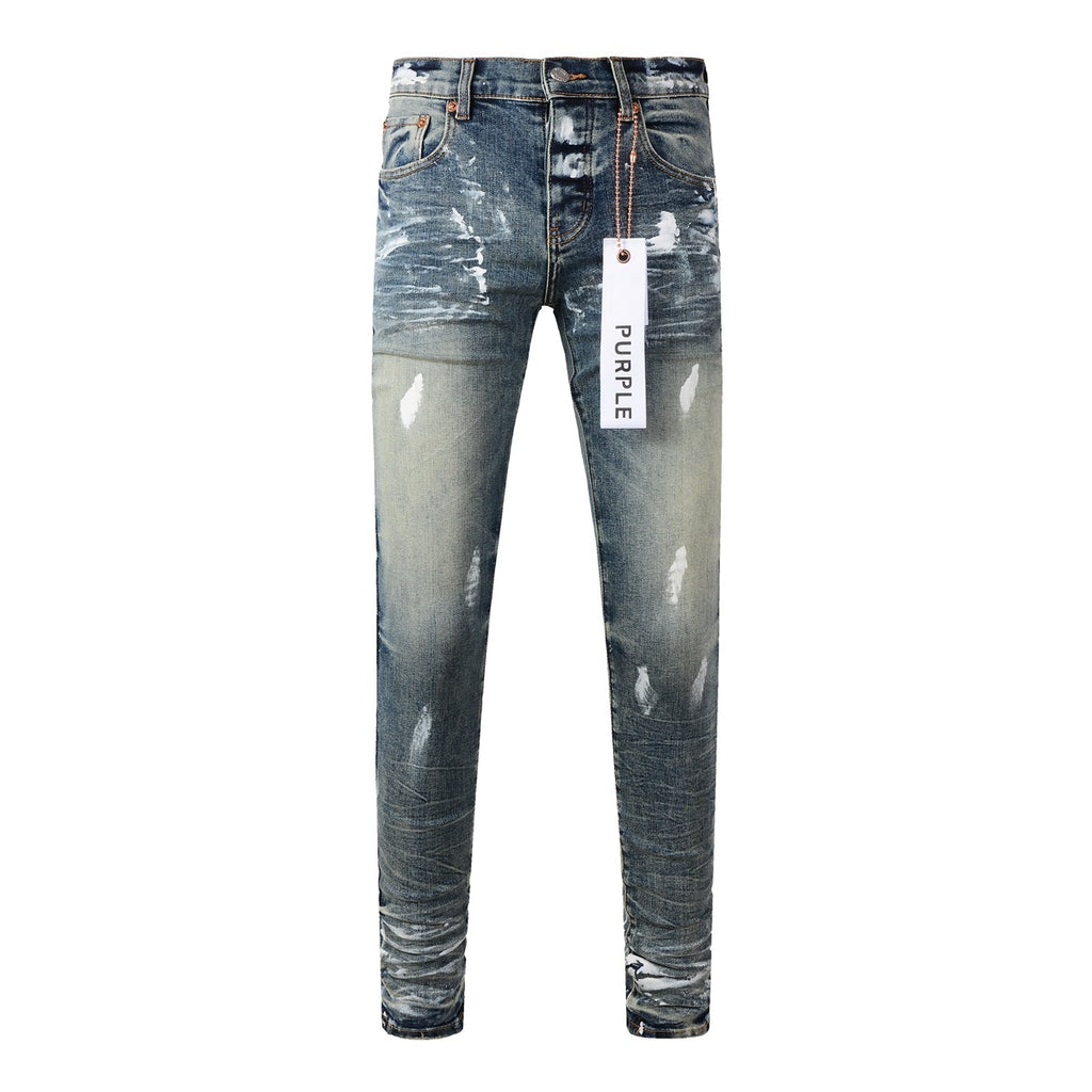 Men's High Street Distressed Blue Graffiti Stretch Skinny Ripped Jeans