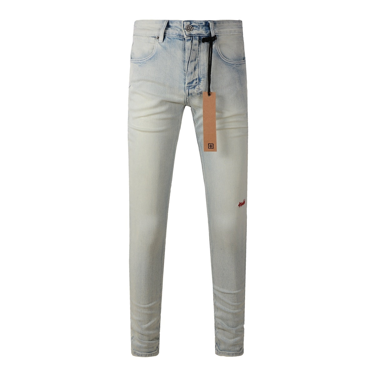 Men's Light Wash Minimal Embroidered Skinny Jeans - Stretch Denim