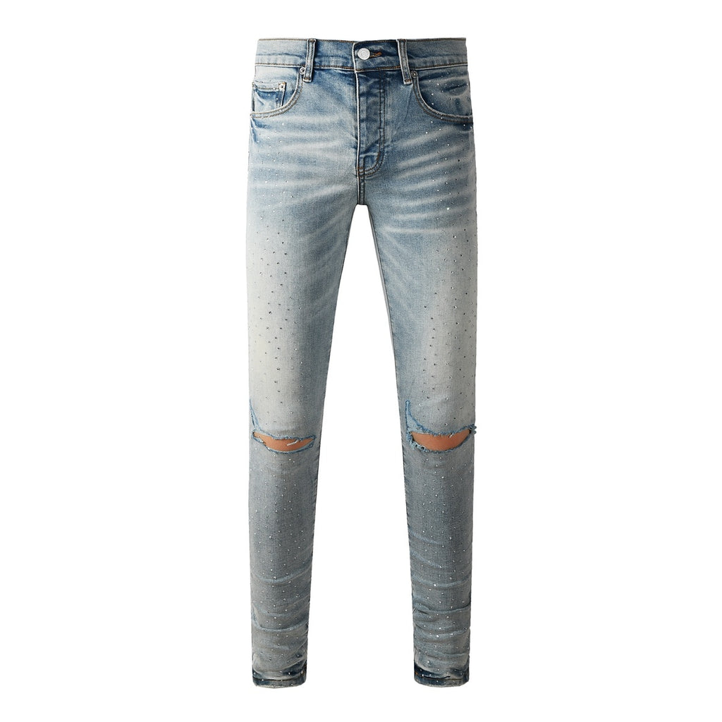 Men's Distressed Light Indigo Skinny Jeans with Transparent Rhinestones & Ripped Holes