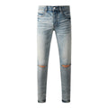 Men's Distressed Light Indigo Skinny Jeans with Transparent Rhinestones & Ripped Holes