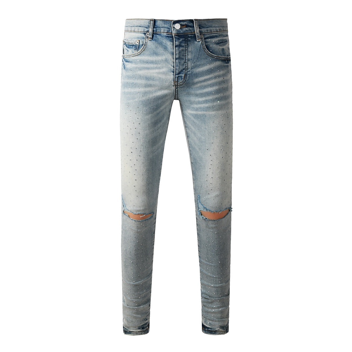 Men's Distressed Light Indigo Skinny Jeans with Transparent Rhinestones & Ripped Holes