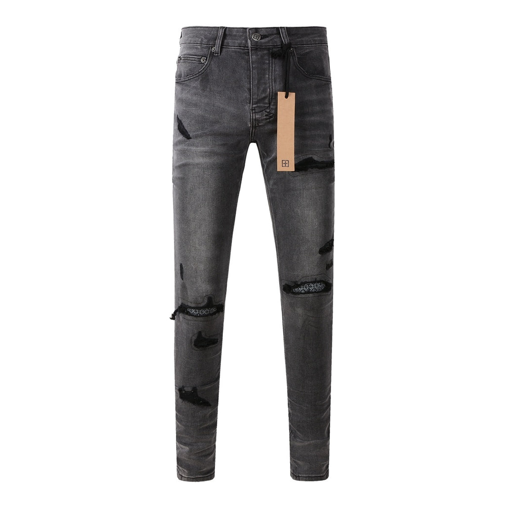 Men's Grey Wash Bandana Patch Distressed Skinny Jeans - Stretch Denim