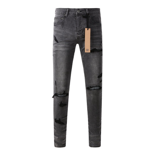 Men's Grey Wash Bandana Patch Distressed Skinny Jeans - Stretch Denim