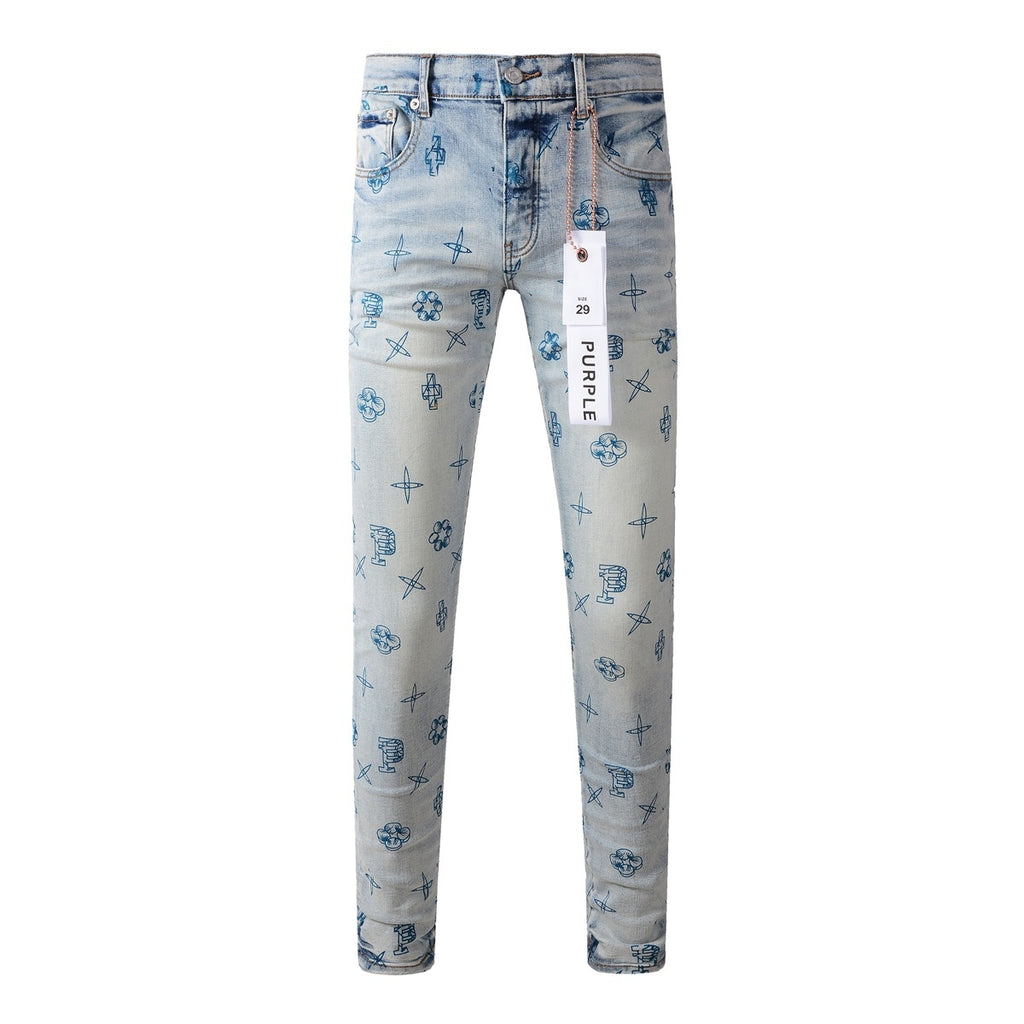 High Street Distressed Blue Laser Patterns Stretch Skinny Ripped Jeans