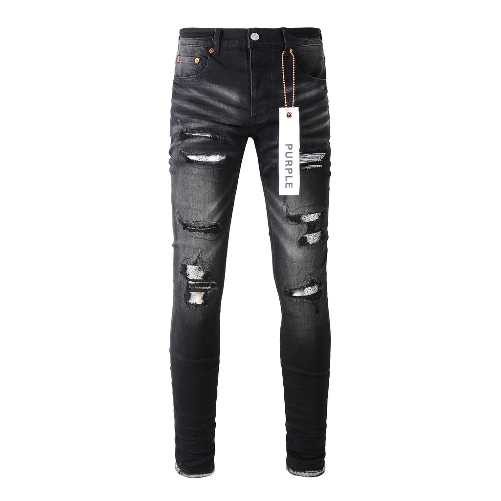 Men High Street Black Destroyed Holes Distressed Stretch Slim Fit Ripped Jeans