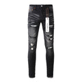 Men High Street Black Destroyed Holes Distressed Stretch Slim Fit Ripped Jeans