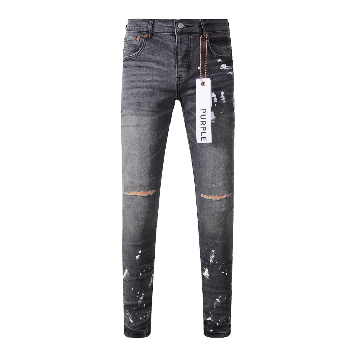 Men's Slim Fit Distressed Gray Damaged Holes Graffiti Stretch Ripped Jeans