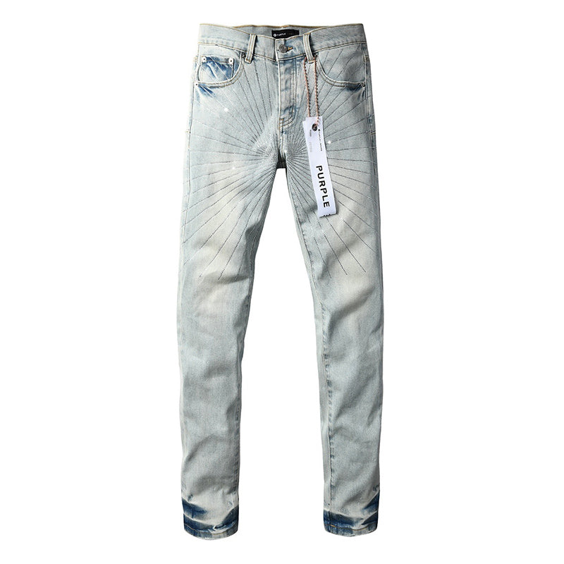 Men's Light Wash Sunburst Rhinestone Skinny Jeans | Streetwear Distressed Slim Fit Denim Pants
