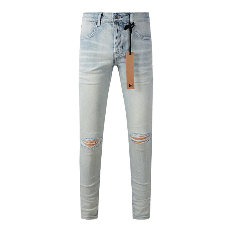 Men’s Light Wash Distressed Skinny Jeans - Streetwear Denim