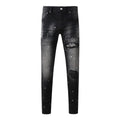 Men's Distressed Black Skinny Jeans with Bandanna Patchwork, Ripped Holes & Button Fly