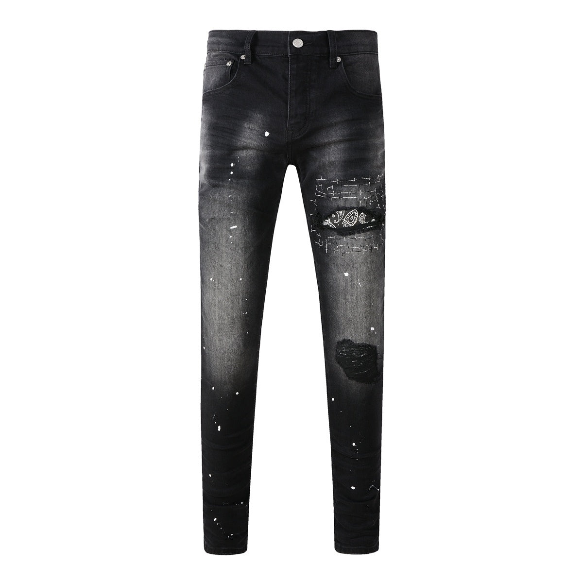 Men's Distressed Black Skinny Jeans with Bandanna Patchwork, Ripped Holes & Button Fly