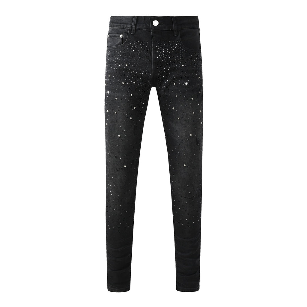 Men's Distressed Black Skinny Jeans with Ripped Holes, Rhinestones & Button Fly