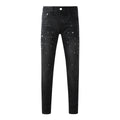 Men's Distressed Black Skinny Jeans with Ripped Holes, Rhinestones & Button Fly