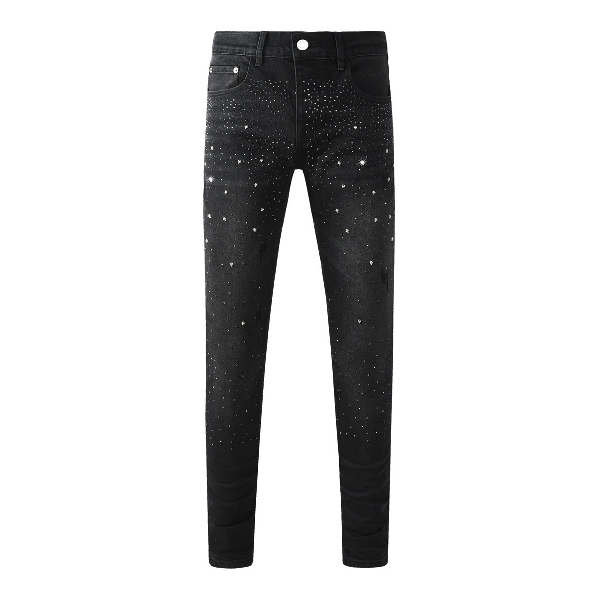 Men's Distressed Black Skinny Jeans with Ripped Holes, Rhinestones & Button Fly