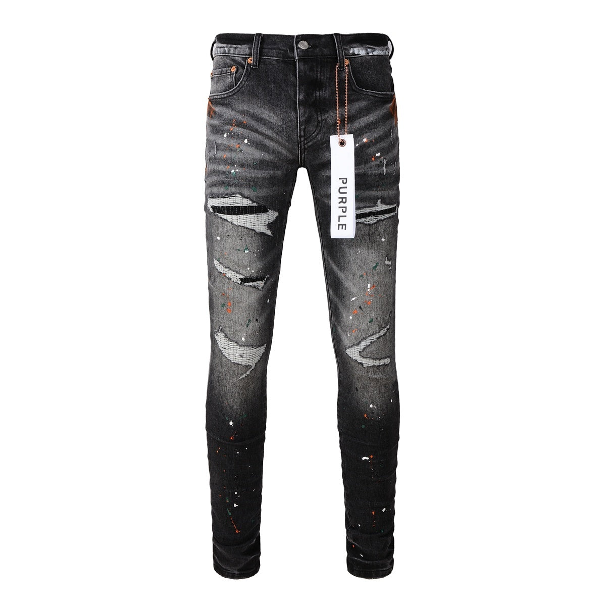 Men's High Street Distressed Black Gray Damaged Holes Spray Paint Stretch Slim Fit Ripped Jeans