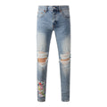 Men's Distressed Light Blue Skinny Jeans with Ripped Holes & Button Fly