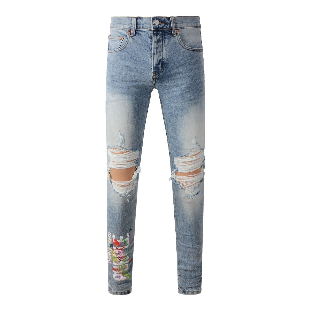 Men's Distressed Light Blue Skinny Jeans with Ripped Holes & Button Fly