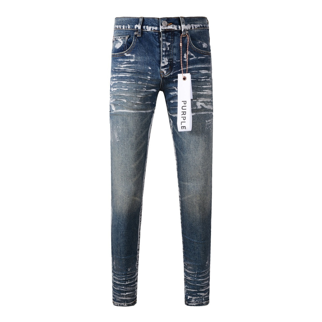 Men's Streetwear Slim Fit Distressed Classical Blue Graffiti Stretch Jeans