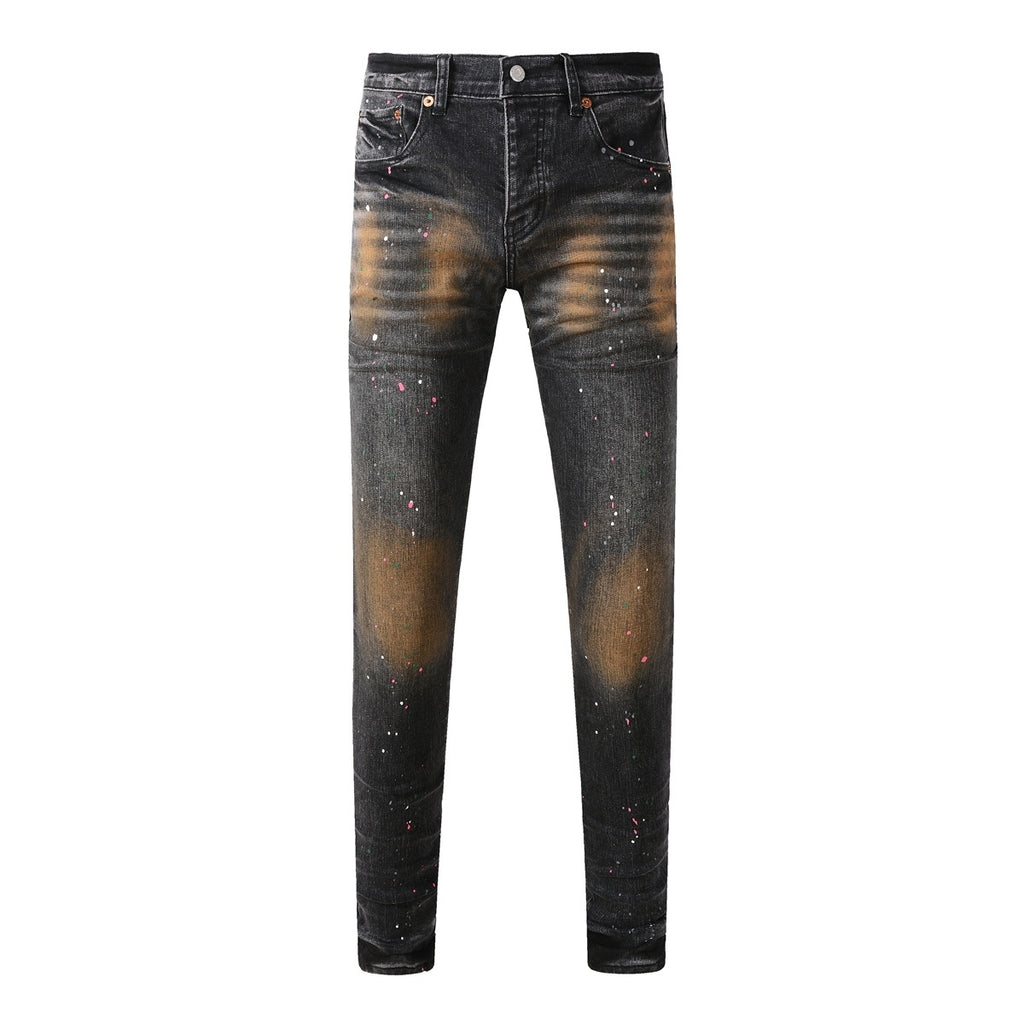 American Vintage Men's Distressed Dark Gray Skinny Jeans with Spray Paint & Ripped Holes
