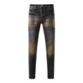 American Vintage Men's Distressed Dark Gray Skinny Jeans with Spray Paint & Ripped Holes