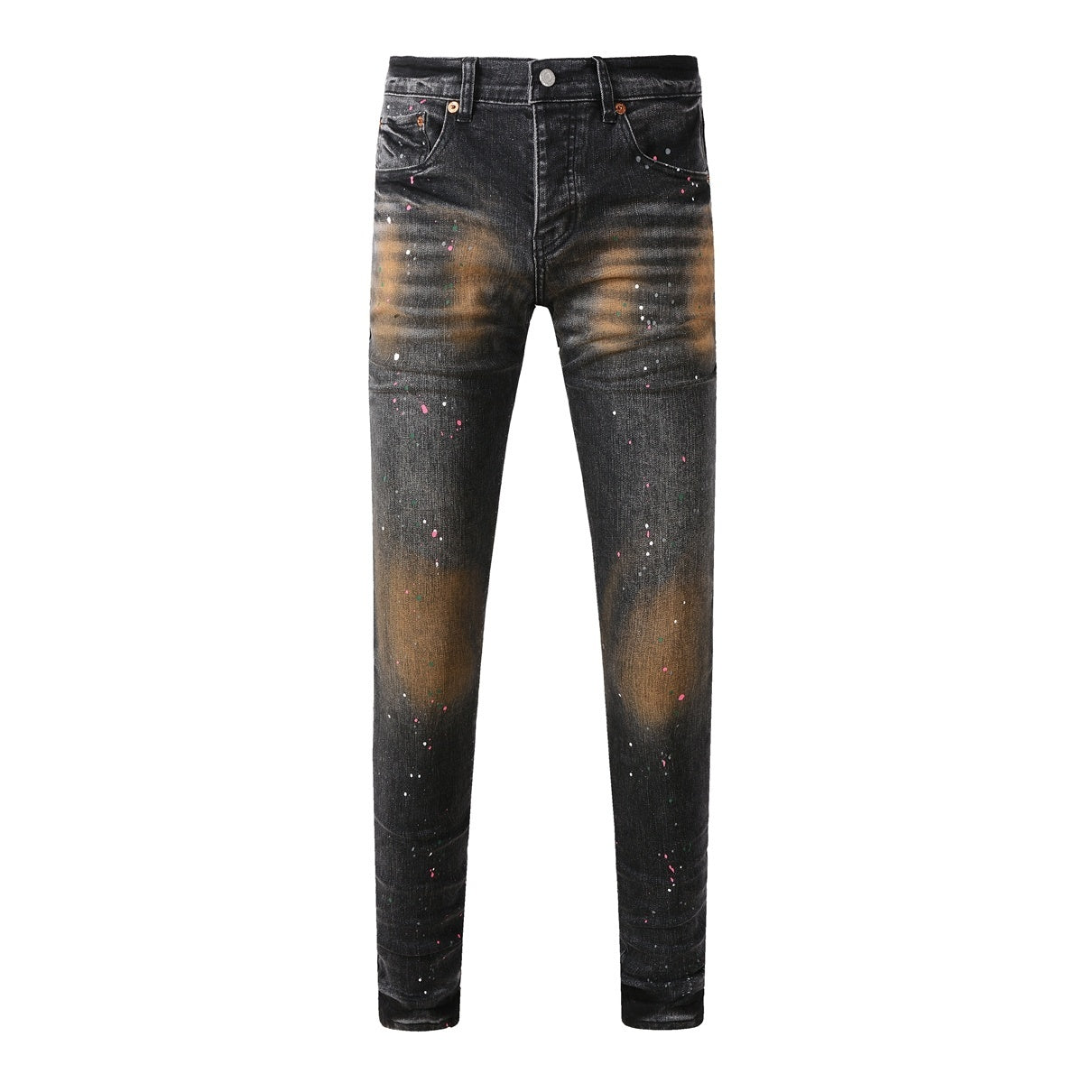 American Vintage Men's Distressed Dark Gray Skinny Jeans with Spray Paint & Ripped Holes