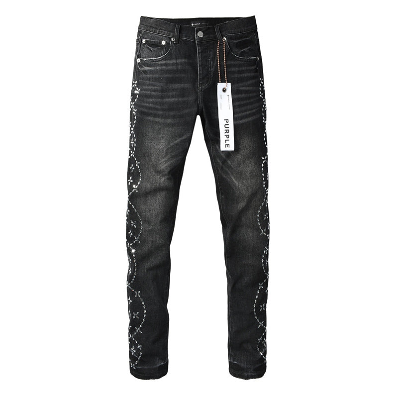 Men's Black Washed Bandana Rhinestone Skinny Jeans | Streetwear Slim Fit Embellished Denim Pants