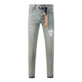 Men’s Vintage Light Wash Skull Print Skinny Jeans - Streetwear Denim Pants