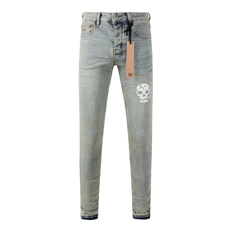 Men’s Vintage Light Wash Skull Print Skinny Jeans - Streetwear Denim Pants