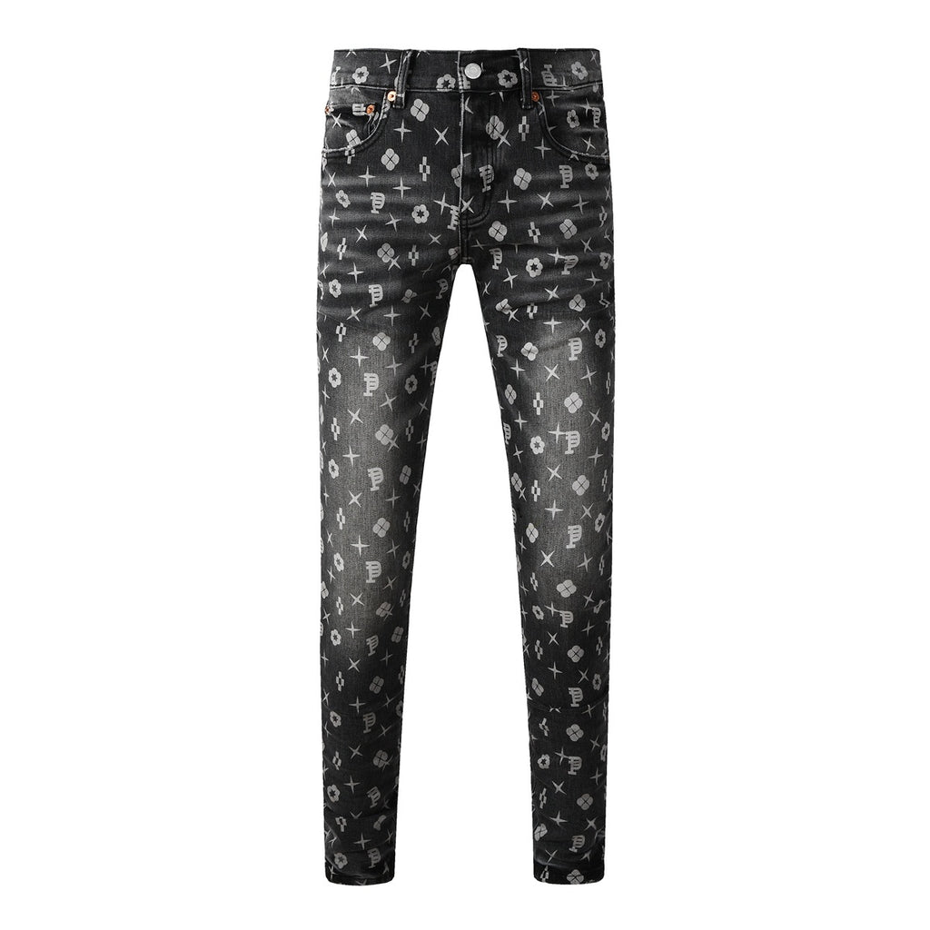 Distressed Skinny Jeans with Laser Print Patterns & Ripped Holes & Button Fly
