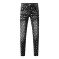 Distressed Skinny Jeans with Laser Print Patterns & Ripped Holes & Button Fly