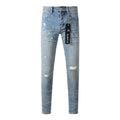 Men's Distressed Slim Fit Light Blue Skinny Jeans with Button Fly & Ripped Detailing