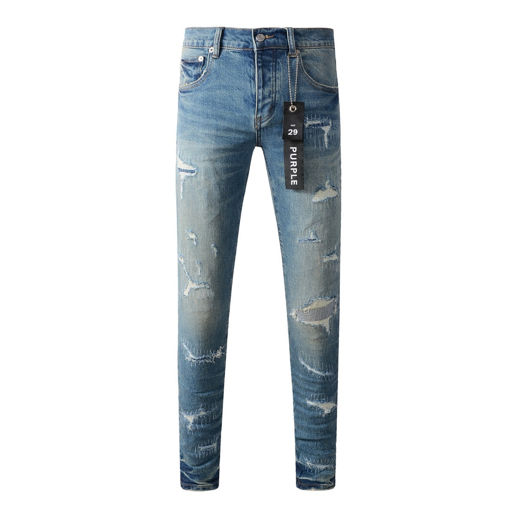 Men's Slim Fit Distressed Sea Blue Skinny Jeans with Button Fly & Ripped Detailing