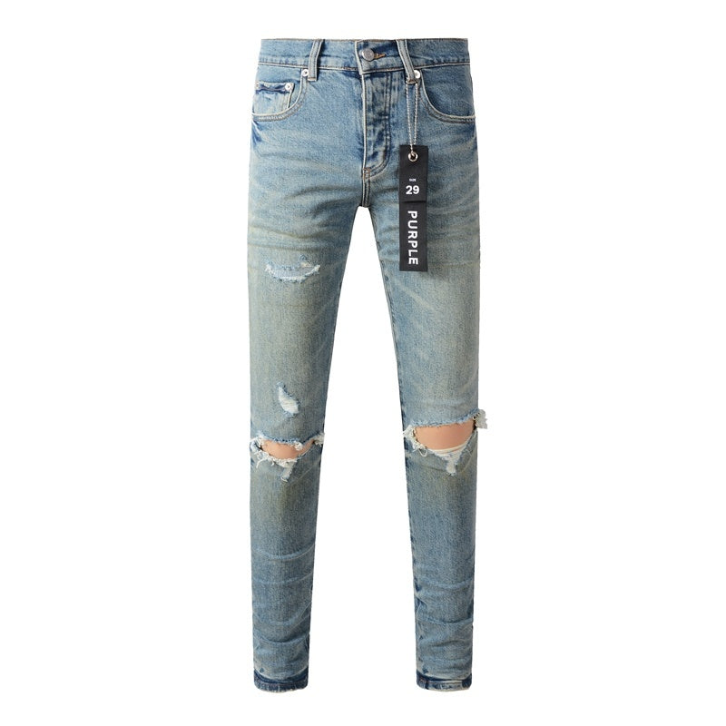 Slim Fit American Men's Distressed Blue Skinny Jeans with Ripped Holes & Button Fly