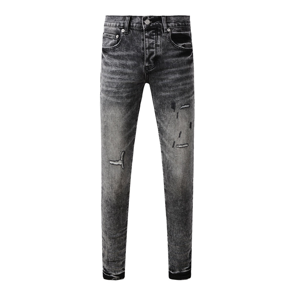 Men's Distressed Ash Gray Skinny Jeans with Ripped Holes & Button Fly