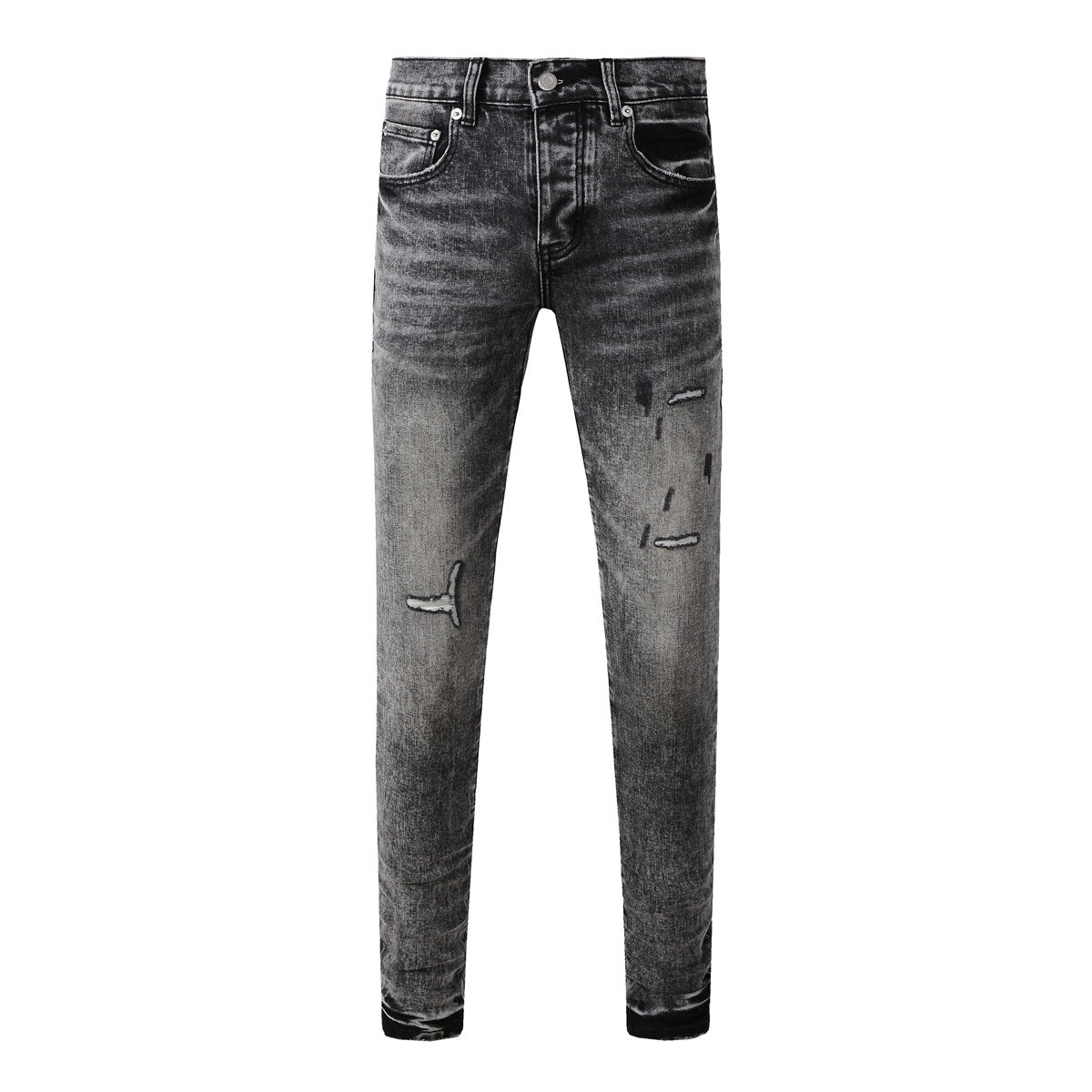 Men's Distressed Ash Gray Skinny Jeans with Ripped Holes & Button Fly