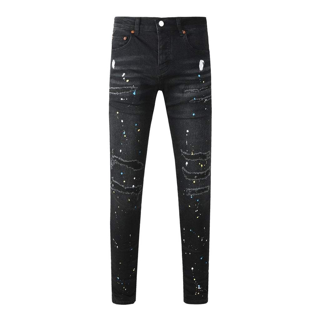 Men's Distressed Dark Black Skinny Jeans with Graffiti & Spray Paint Design & Ripped Holes