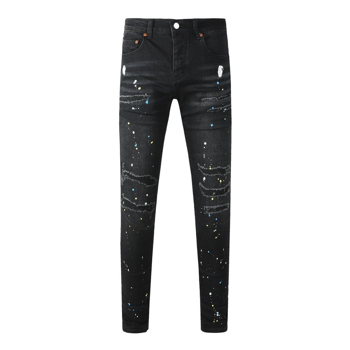 Men's Distressed Dark Black Skinny Jeans with Graffiti & Spray Paint Design & Ripped Holes