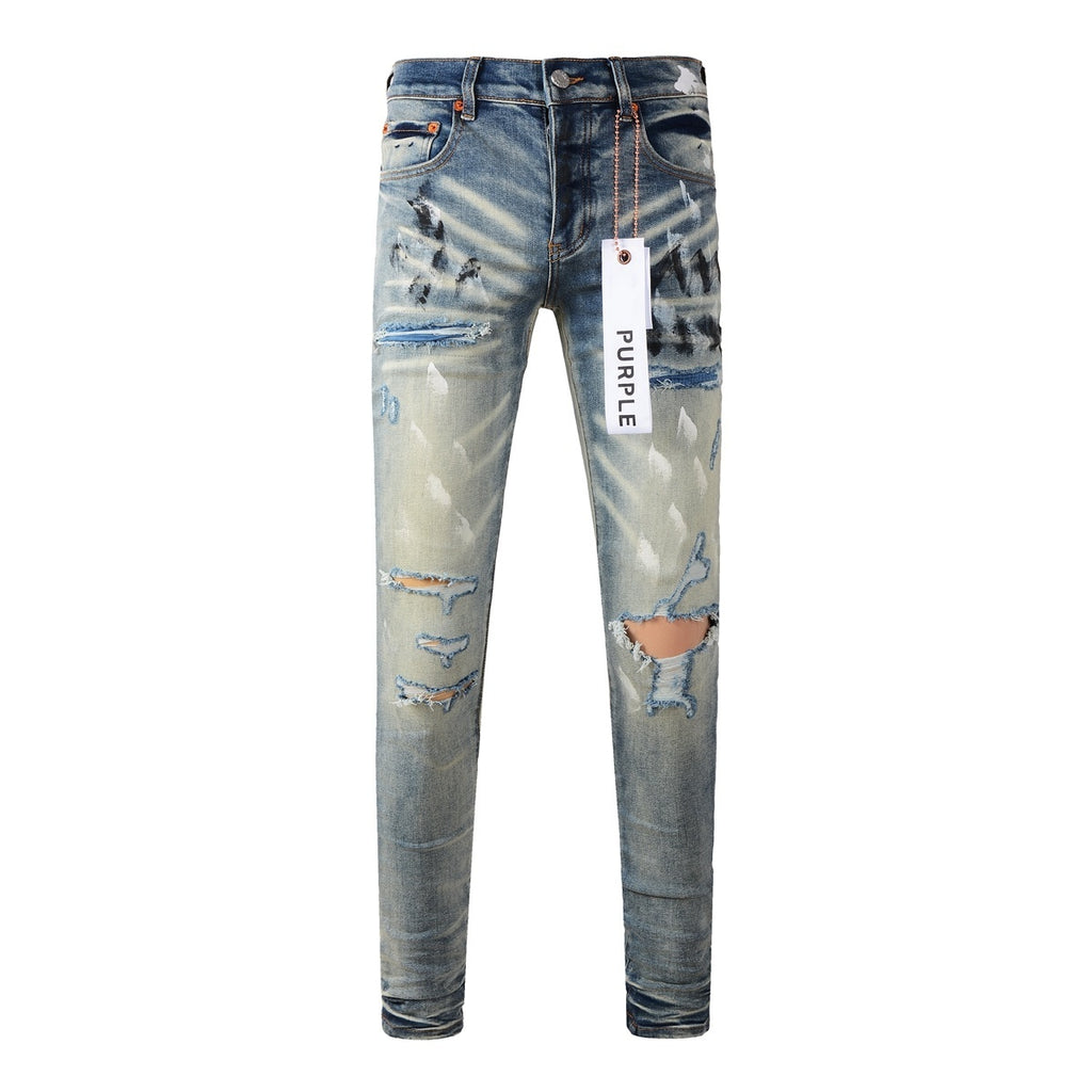 Men High Street Distressed Light Blue Destroyed Holes Graffiti Painted Stretch Slim Fit Ripped Jeans