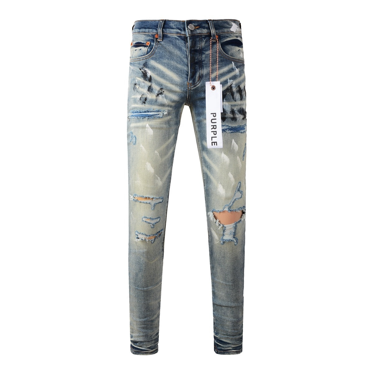 Men High Street Distressed Light Blue Destroyed Holes Graffiti Painted Stretch Slim Fit Ripped Jeans