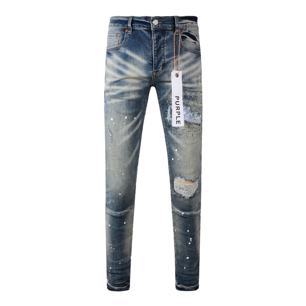 Men's Streetwear Classical Blue Distressed Bandanna Patchwork Stretch Slim Fit Ripped Jeans