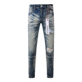 Men's Streetwear Classical Blue Distressed Bandanna Patchwork Stretch Slim Fit Ripped Jeans