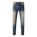 Men's Distressed Dark Blue Skinny Jeans with Button Fly & Ripped Detailing