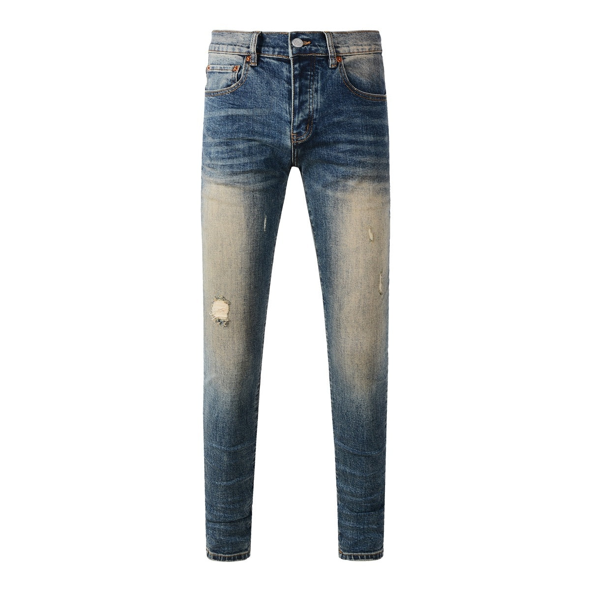 Men's Distressed Dark Blue Skinny Jeans with Button Fly & Ripped Detailing