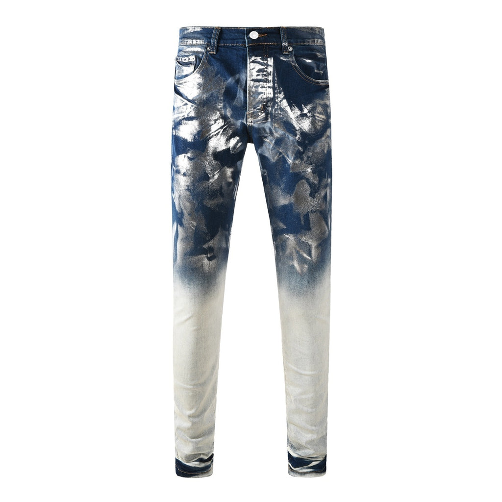 Men's Distressed Blue Skinny Jeans with Silver Coating, Ripped Holes & Button Fly
