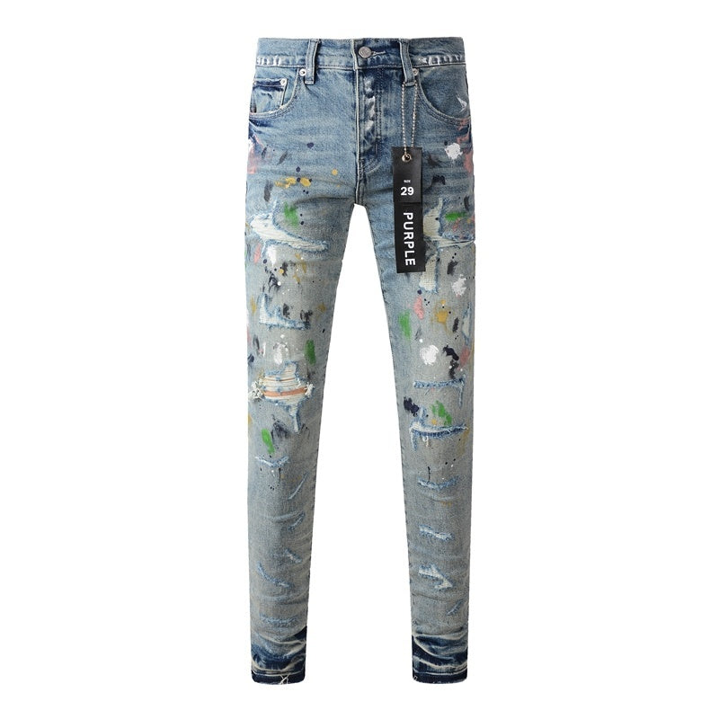 Men's Distressed Light Blue Graffiti Ripped Skinny Jeans with Button Fly & Damaged Holes