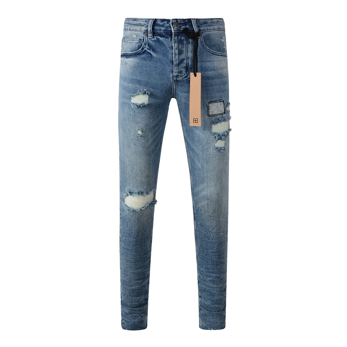 Men's Light Wash Multi-Patch Distressed Skinny Jeans - Stretch Denim