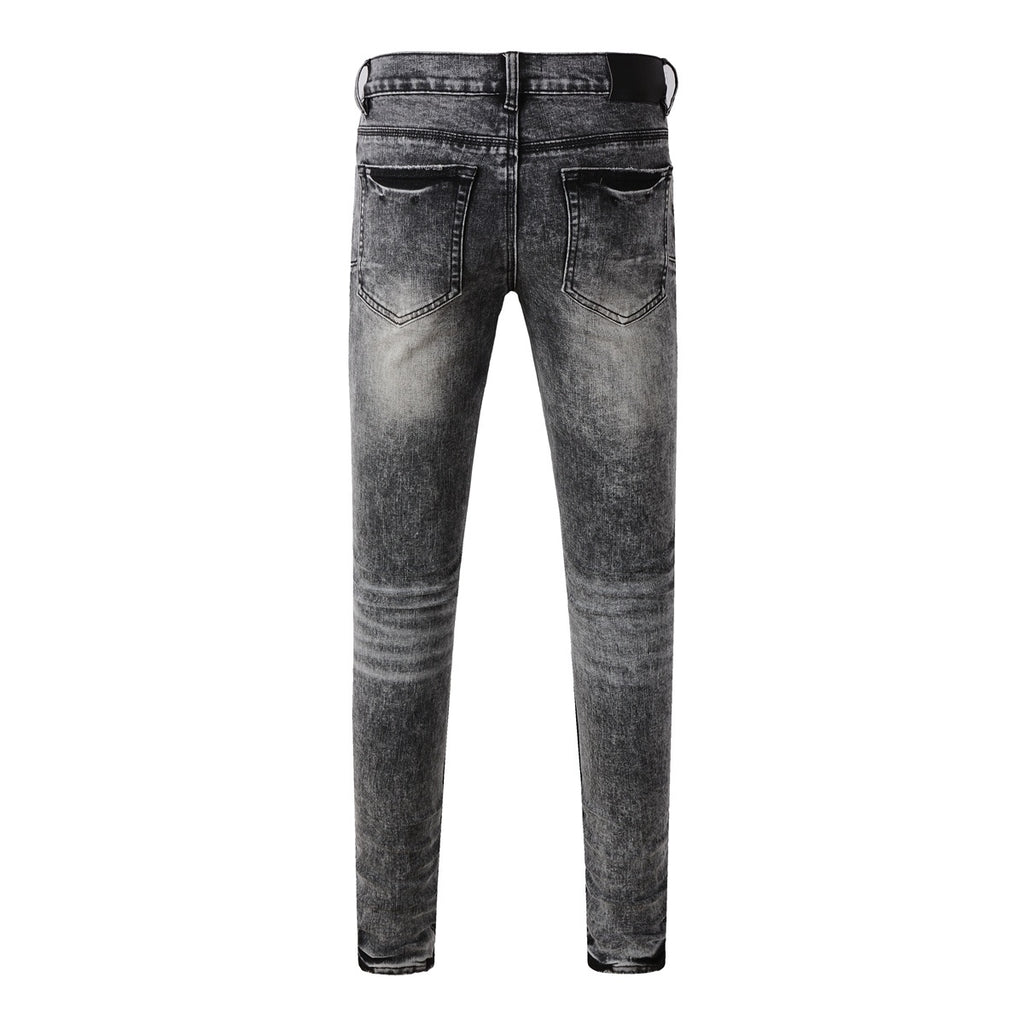 Men's Distressed Ash Gray Skinny Jeans with Ripped Holes & Button Fly