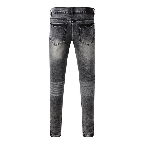 Men's Distressed Ash Gray Skinny Jeans with Ripped Holes & Button Fly