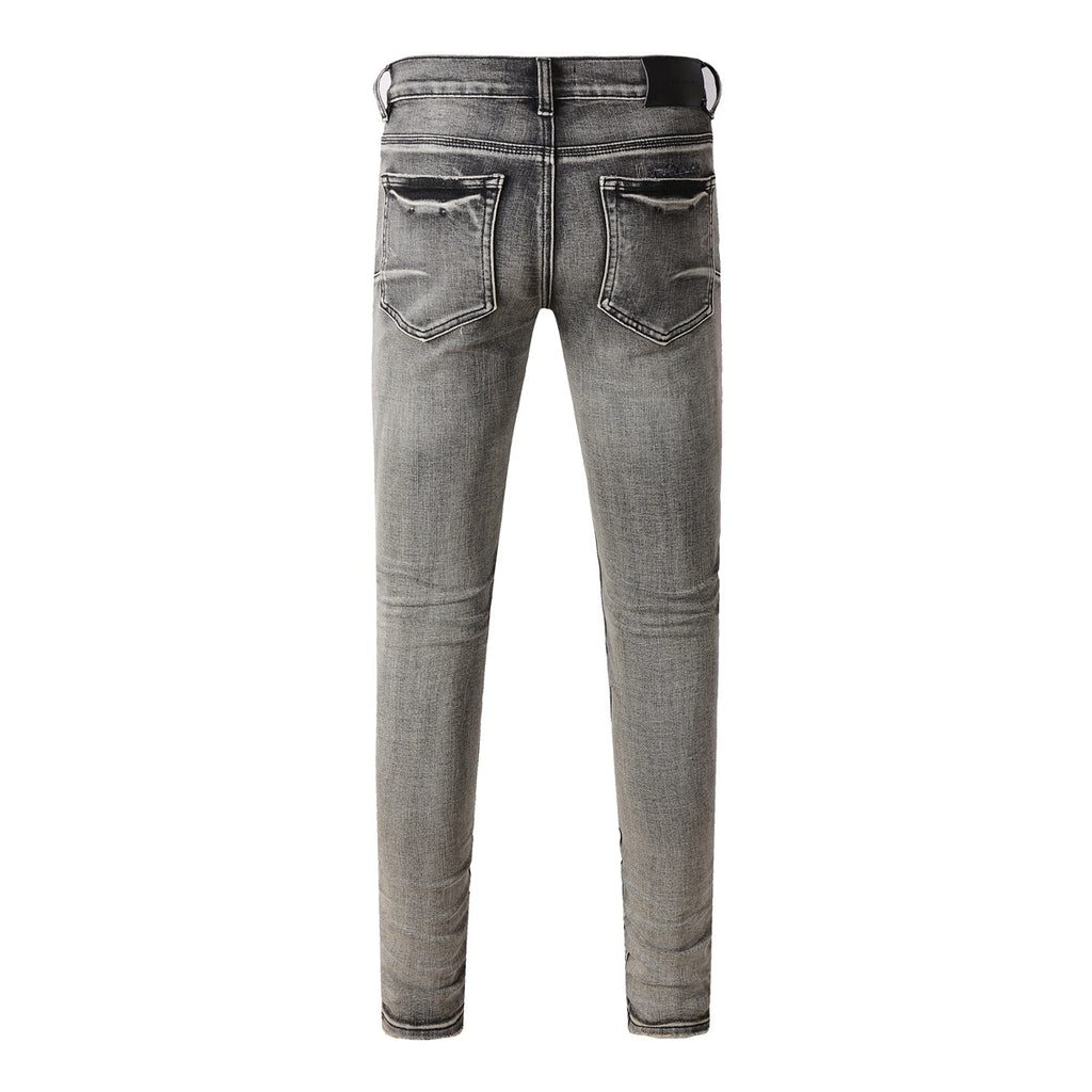 Men's High Street Distressed Ash Gray Skinny Jeans with Ripped Holes & Button Fly