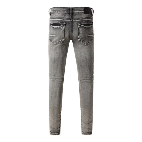 Men's High Street Distressed Ash Gray Skinny Jeans with Ripped Holes & Button Fly